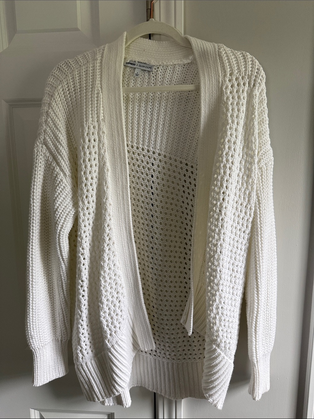 Express White Crochet Open-Front Cardigan